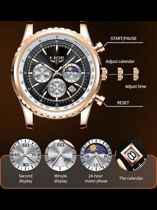 Lige Ceas Bărbați 46mm Cronograf Baterie Cu Curea Din Piele Maro