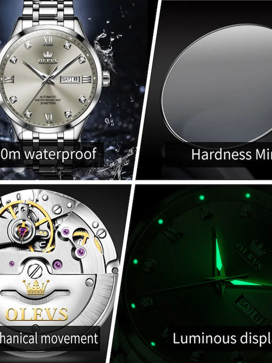 Olevs Men's Watch 42mm Automatic with Silver Metal Bracelet
