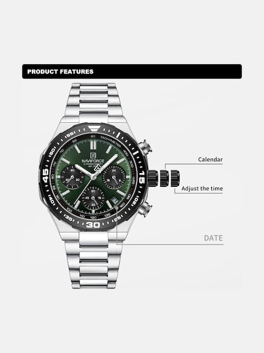 Naviforce Ceas Bărbați 23mm Cronograf Baterie Cu Brățară Din Metal Argintie