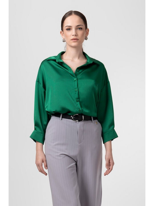 Μακρυμάνικο Γυναικείο Σατέν Πουκάμισο Black, Green Μονόχρωμο
