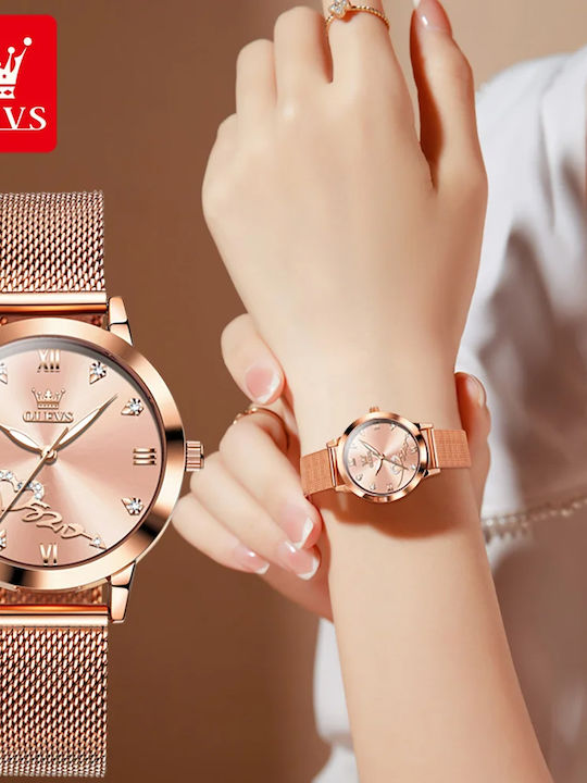 Olevs Ceas de Damă cu Rose Gold Brățară Metalică