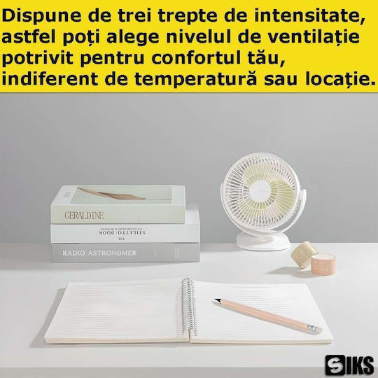 Siks Ventilator De Birou Portabil Camping Cu Clip 3 Niveluri De Viteză Rotire 720 Grade Durată Baterie 5v 3-13h Usb Alb