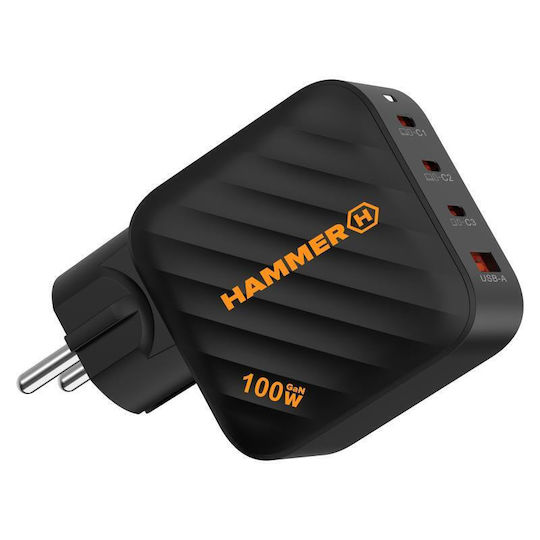 Hammer Charger Without Cable GaN with USB-A Port and 3 USB-C Ports 100W Power Delivery Blacks (RapidCharge Duo)