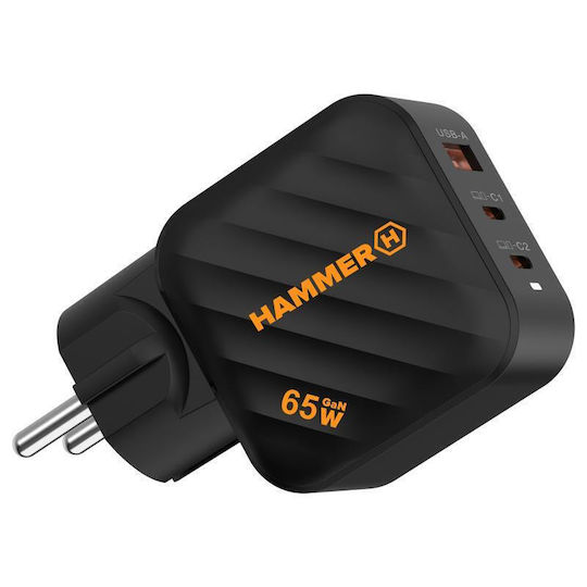 Hammer Charger Without Cable GaN with USB-A Port and 2 USB-C Ports 65W Power Delivery Blacks (RapidCharge Duo)