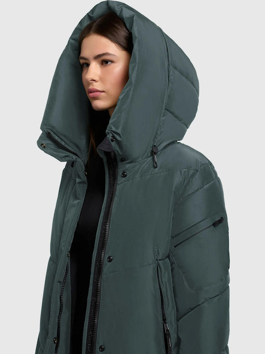 Women's Long Puffer Jacket for Winter Green