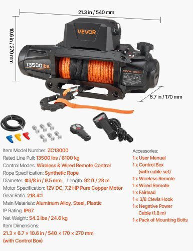 Vevor Electric 4x4 Car Winch 12V with Towing Capacity 6100kg