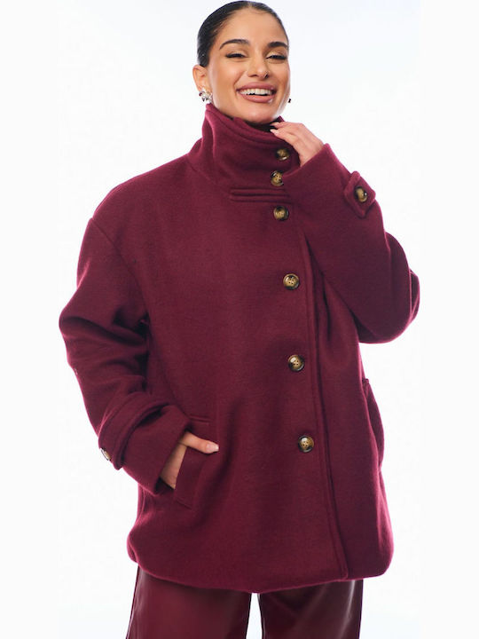 Women's Bordeaux Peacoat with Buttons