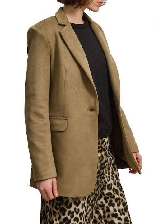 Namaste Long Women's Leather Waisted Blazer Khaki