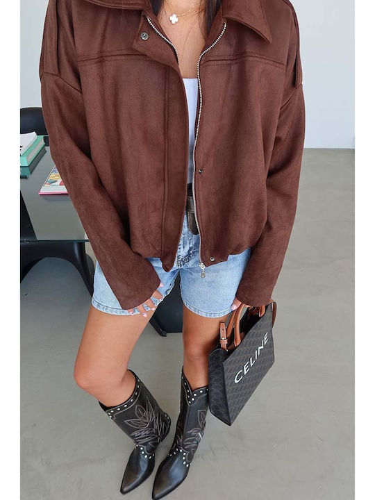Γυναικείο Suede Bomber Jacket Ταμπα-καφε