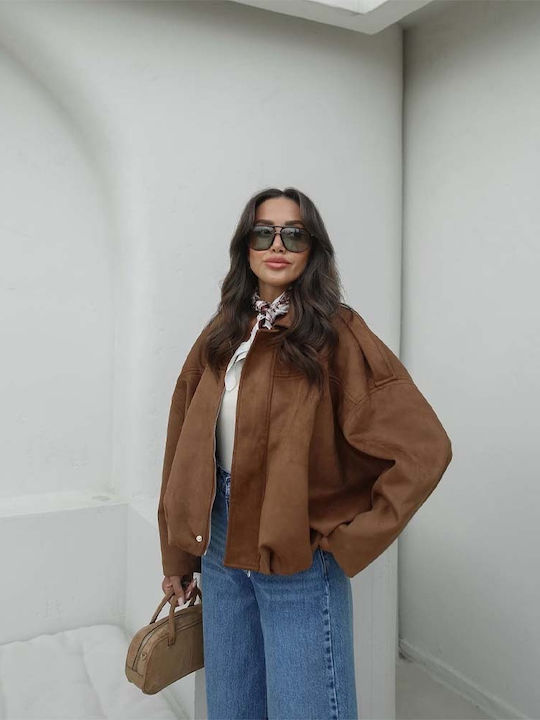 Γυναικείο Suede Bomber Jacket Ταμπα-καφε
