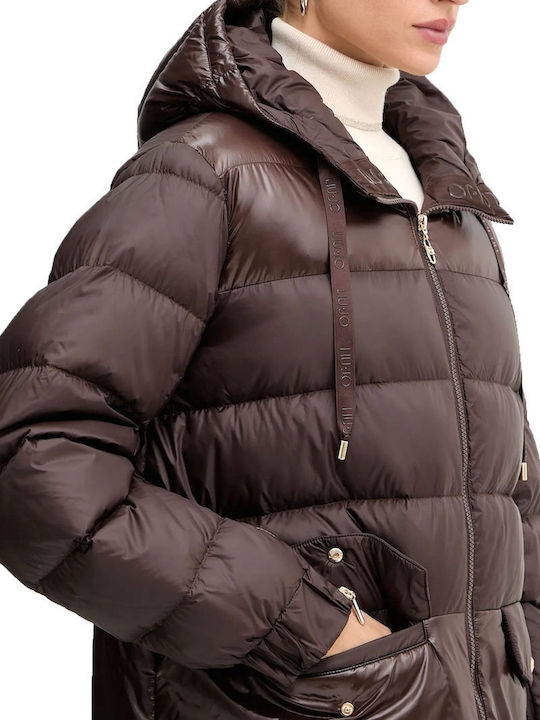 Women's Puffer Jacket for Winter with Hood Brown