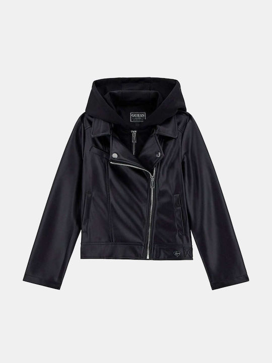 Kinder Lederjacke mit Kapuze Schwarz
