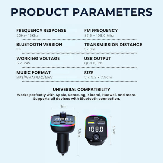 Luvlu FM Transmitter Αυτοκινήτου με Bluetooth / Type-C / USB
