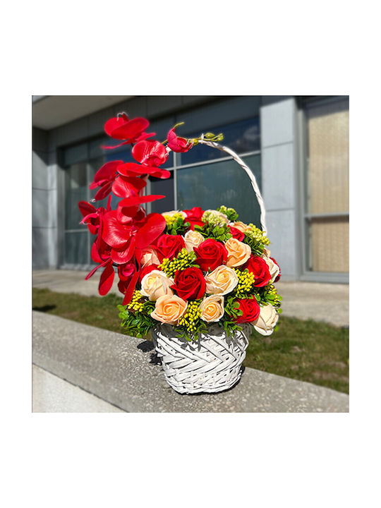 Coș Royal Orchid Trandafiri Săpun Accesorizate Flori și Plante Artificiale Roșii Crem Verzi