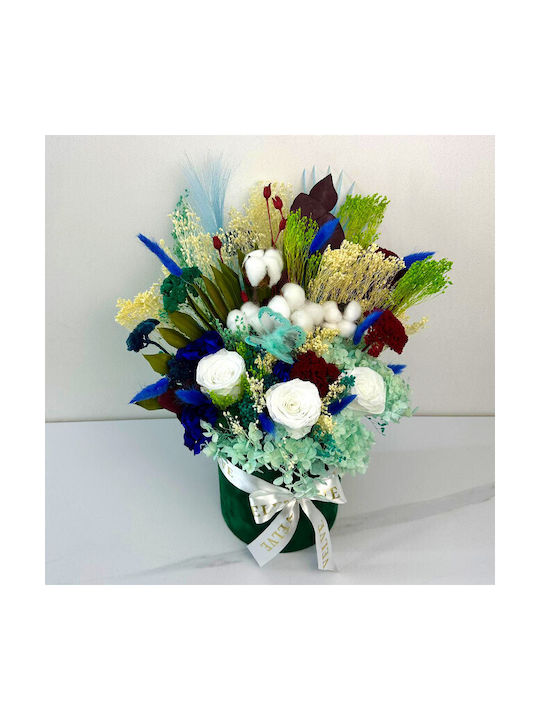 Aranjament Floral Infinity În Cutie Rotundă Din Catifea Flori Naturale Criogenate Uscate Plante Preservate 43 Cm