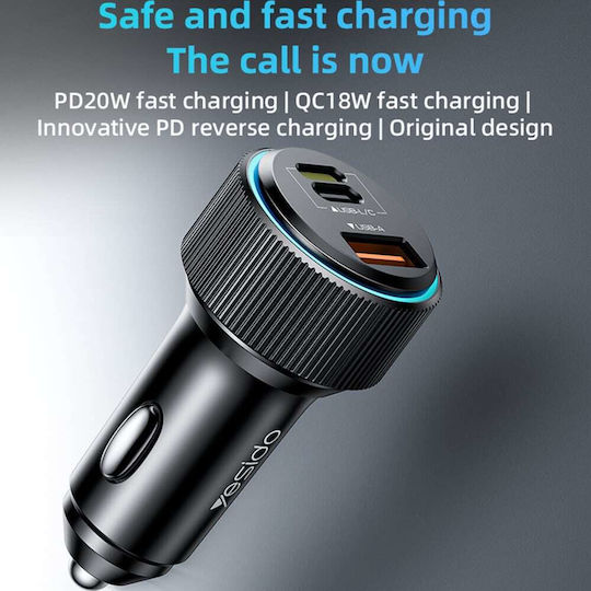 Yesido Автомобилен Зарядно Устройство 38W Бързо Зареждане с Портове 1xUSB-A 1xType-C с Кабел Type-C / Lightning Черен Цвят