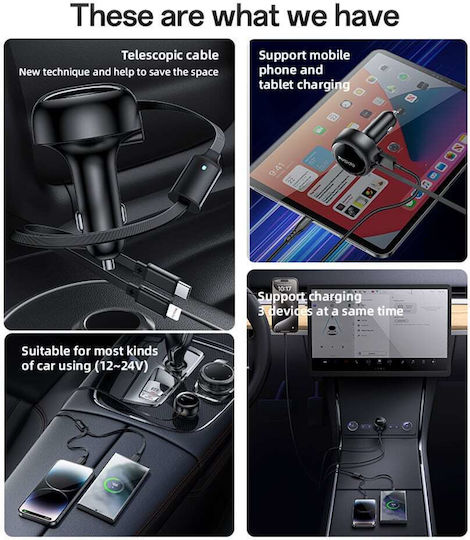 Yesido Auto-Ladegerät 53W Schnellladen mit einer Buchse 1xUSB-A zusammen mit Kabel Lightning / Type-C Schwarz