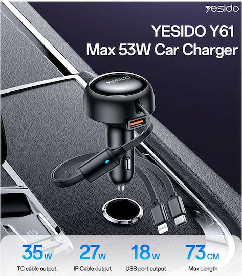 Yesido Auto-Ladegerät 53W Schnellladen mit einer Buchse 1xUSB-A zusammen mit Kabel Lightning / Type-C Schwarz
