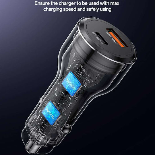 Yesido Car Charger 100W Fast Charging With Ports 1xUSB-A 1xType-C Black Colour
