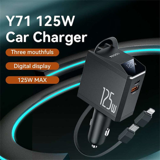 Yesido Car Charger 125W With Ports 1xUSB-A 1xType-C With Type-C Lightning Cable Black Colour