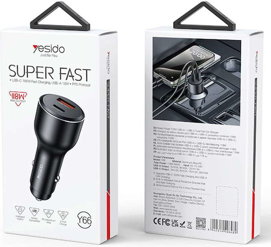 Yesido Car Charger 100W Fast Charging With Ports 1xUSB-A 1xType-C Black Colour