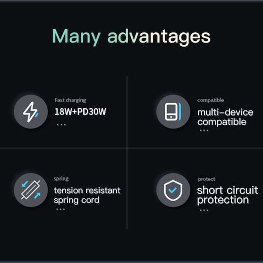Yesido Автомобилен Зарядно Устройство 50W Бързо Зареждане с Портове 1xUSB-A 1xType-C с Кабел Lightning Черен Цвят