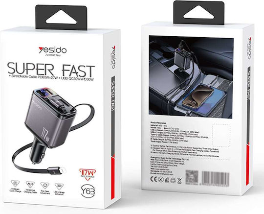 Yesido Auto-Ladegerät 117W Schnellladung mit Anschlüssen: 1xUSB 1xType-C mit Kabel Typ-C,TC-TC Gray Farbe