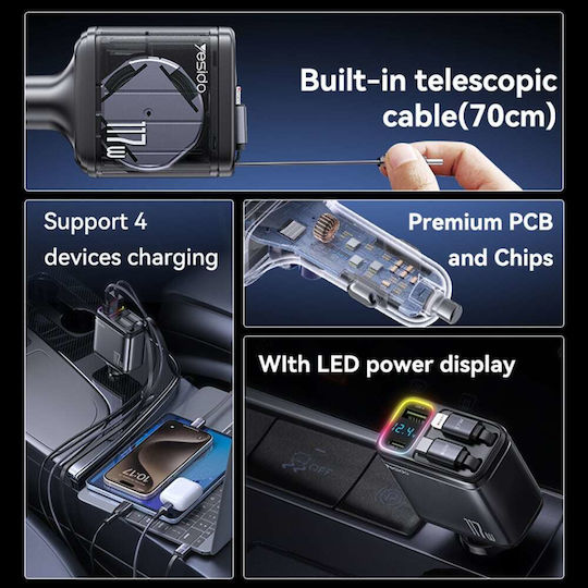 Yesido Auto-Ladegerät 117W Schnellladung mit Anschlüssen: 1xUSB 1xType-C mit Kabel Typ-C,TC-TC Gray Farbe