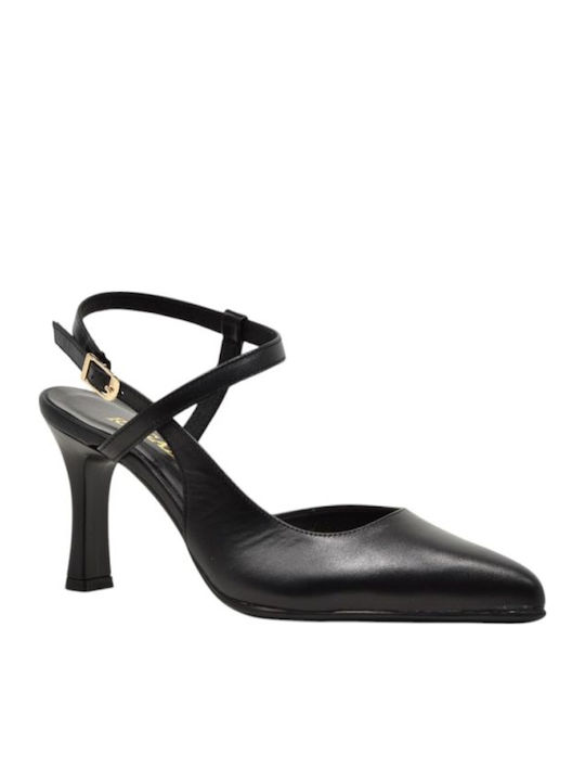 Leather Pointed Toe Black Heels with Strap