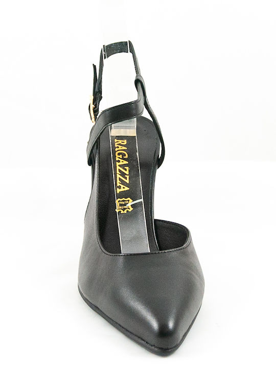 Leather Pointed Toe Black Heels with Strap