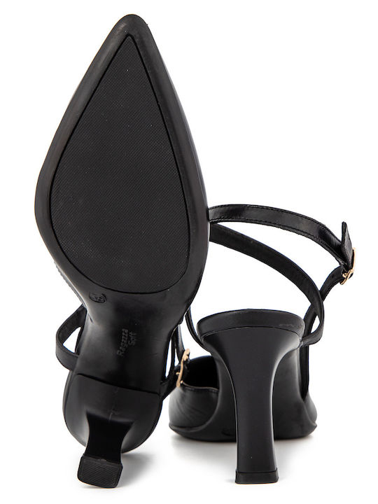 Leather Pointed Toe Black Heels with Strap