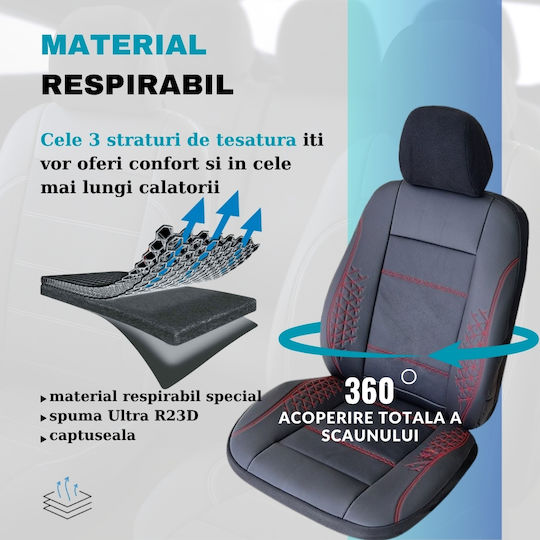 Smartic Huse Scaune Auto Atlas Piele Ecologică Inserții Din Piele Naturală 11 Piese Compatibile Cu Airbag Pliabile Material În 3 Straturi Negru Roșu