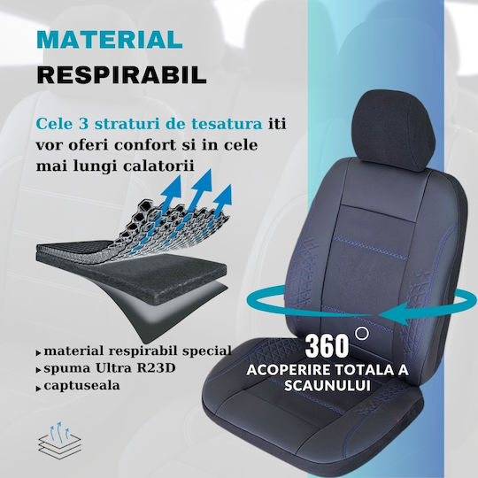 Smartic Huse Scaune Auto Atlas Piele Ecologică Inserții Din Piele Naturală 11 Piese Compatibile Cu Airbag Rabatabile Material În 3 Straturi Negru Albastru