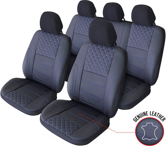 Smartic Huse Scaune Auto Queen Piele Sintetica Eco Piese Din Piele Naturala 11 Bucati Compatibile Cu Airbag Pliabile Material In 3 Straturi Negru Albastru