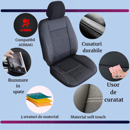 Smartic Huse Scaune Auto Atlas Piele Ecologică Inserții Din Piele Naturală 11 Piese Compatibile Cu Airbag Pliabile Material În 3 Straturi Negru Gri
