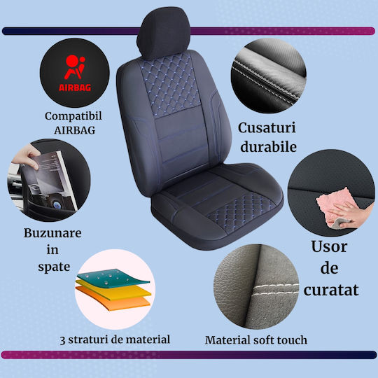 Smartic Huse Scaune Auto Queen Piele Sintetica Eco Piese Din Piele Naturala 11 Bucati Compatibile Cu Airbag Pliabile Material In 3 Straturi Negru Albastru