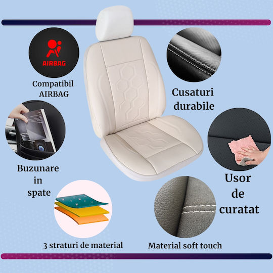 Smartic Huse Scaune Auto Piele Eco Piele Perforată Inserții S07 11 Piese Compatibile Airbag Pliabile 3 Straturi Material Bej