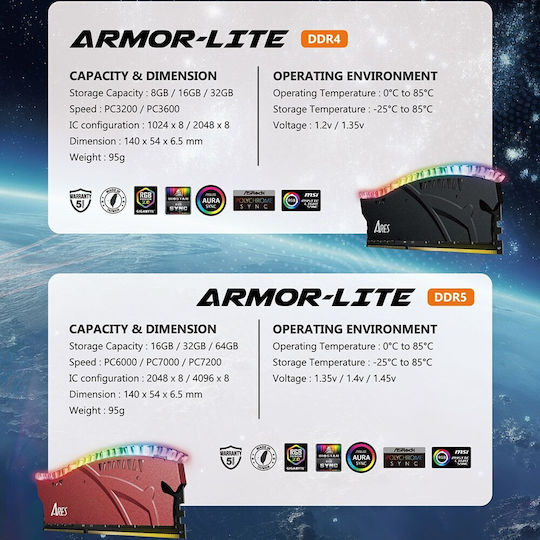 Dato Ares Armor Lite DDR5 με Module 1x16GB και Ταχύτητα 7000 για Desktop