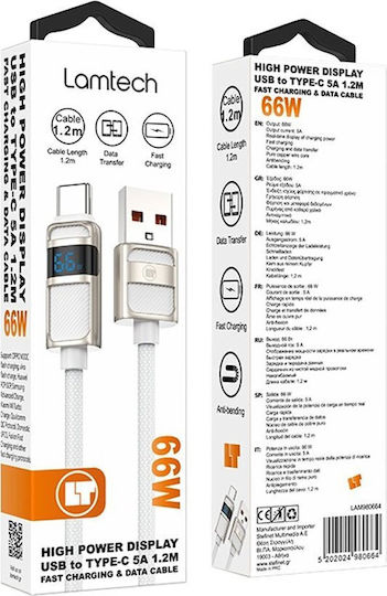 Lamtech Braided USB 2.0 Cable USB-C male - USB-A 66W Λευκό 1.2m LAM980671
