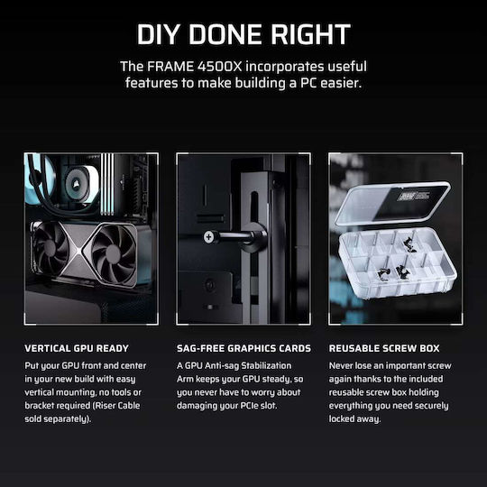 Corsair Frame 4500X RS-R ARGB Геймърско бюро Midi Tower Компютърна кутия със страничен прозорец Черен