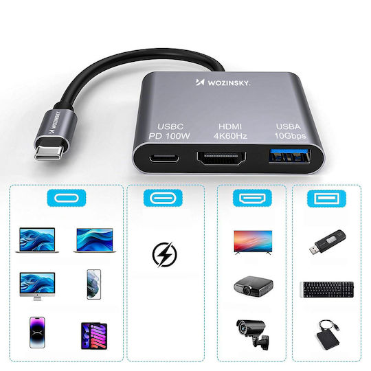 Wozinsky WHCH-01 USB-C Docking Station mit HDMI 4K PD Gray