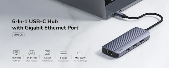 Cudy Hub 6 Porturi USB 3.2 cu Conectare USB-A Ethernet Gri