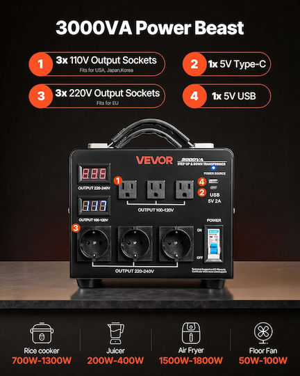 Vevor SXDYZHQZD110T6EC7001V2 Transformator de la 220V la 110V 3000VA