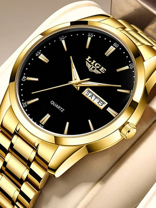 Lige Ceas Bărbați 39mm Baterie Cu Brățară Din Metal Aurie