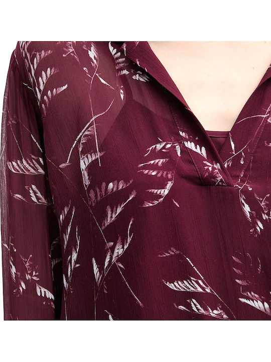 Women's Blouse Long Sleeve with V Neckline Floral Λευκό-μπορντώ