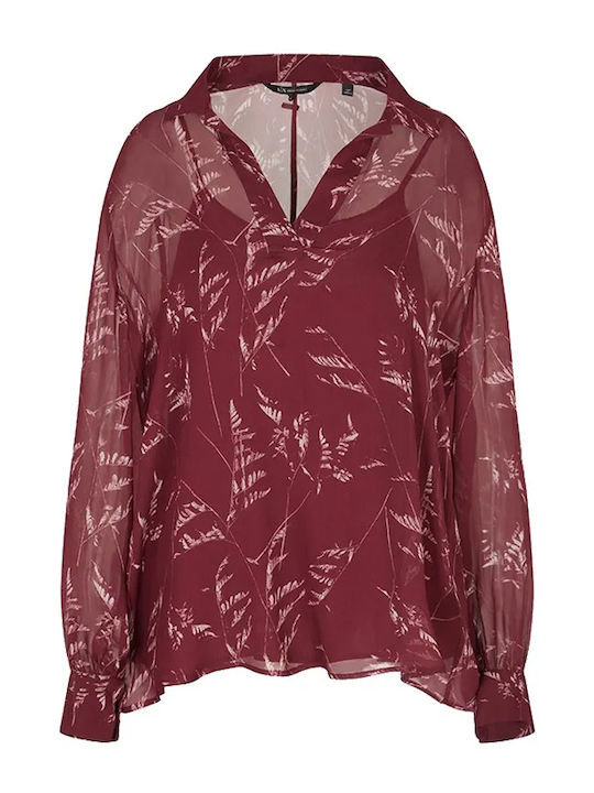 Women's Blouse Long Sleeve with V Neckline Floral Λευκό-μπορντώ