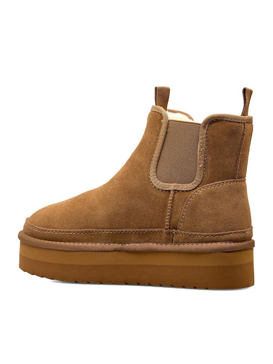 Suede Women's Ankle Boots with Fur Tabac Brown