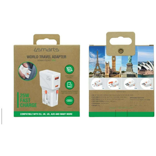 4Smarts Charger Without Cable with USB-A Port and USB-C Port 25W Power Delivery / Quick Charge 2.0 / Quick Charge 3.0 Whites (Travel)