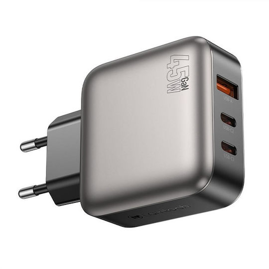 Lamtech Charger Without Cable GaN with USB-A Port and 2 USB-C Ports 45W Power Delivery Gray (LAM980435)