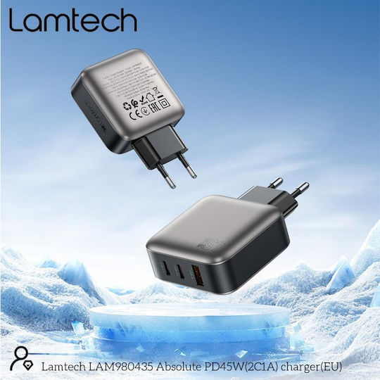 Lamtech Charger Without Cable GaN with USB-A Port and 2 USB-C Ports 45W Power Delivery Gray (LAM980435)